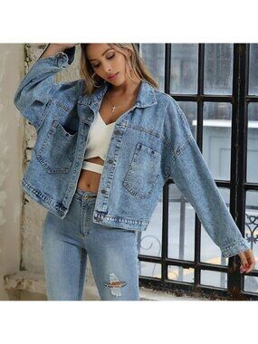 Blue Casual Womens Solid Dual Pocket Denim Jacket